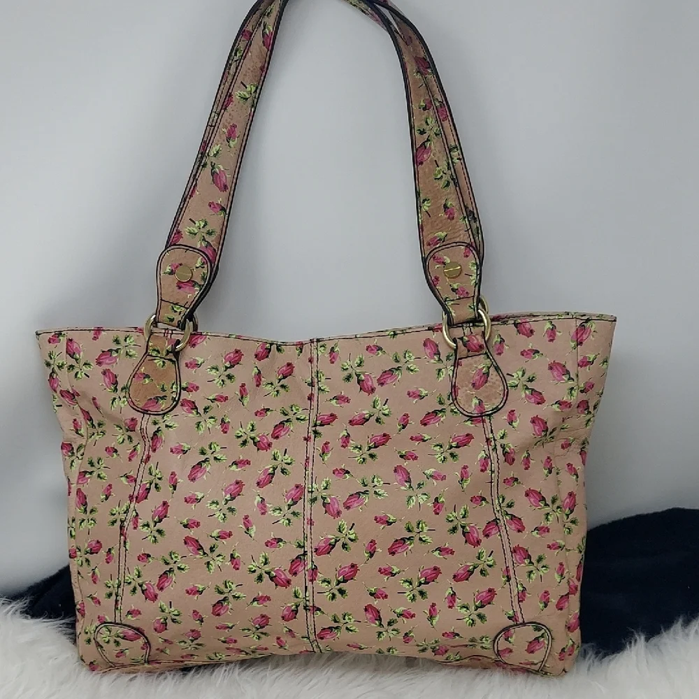 Betsey Johnson Beige Floral Tote with Pink Roses and Green Leaves